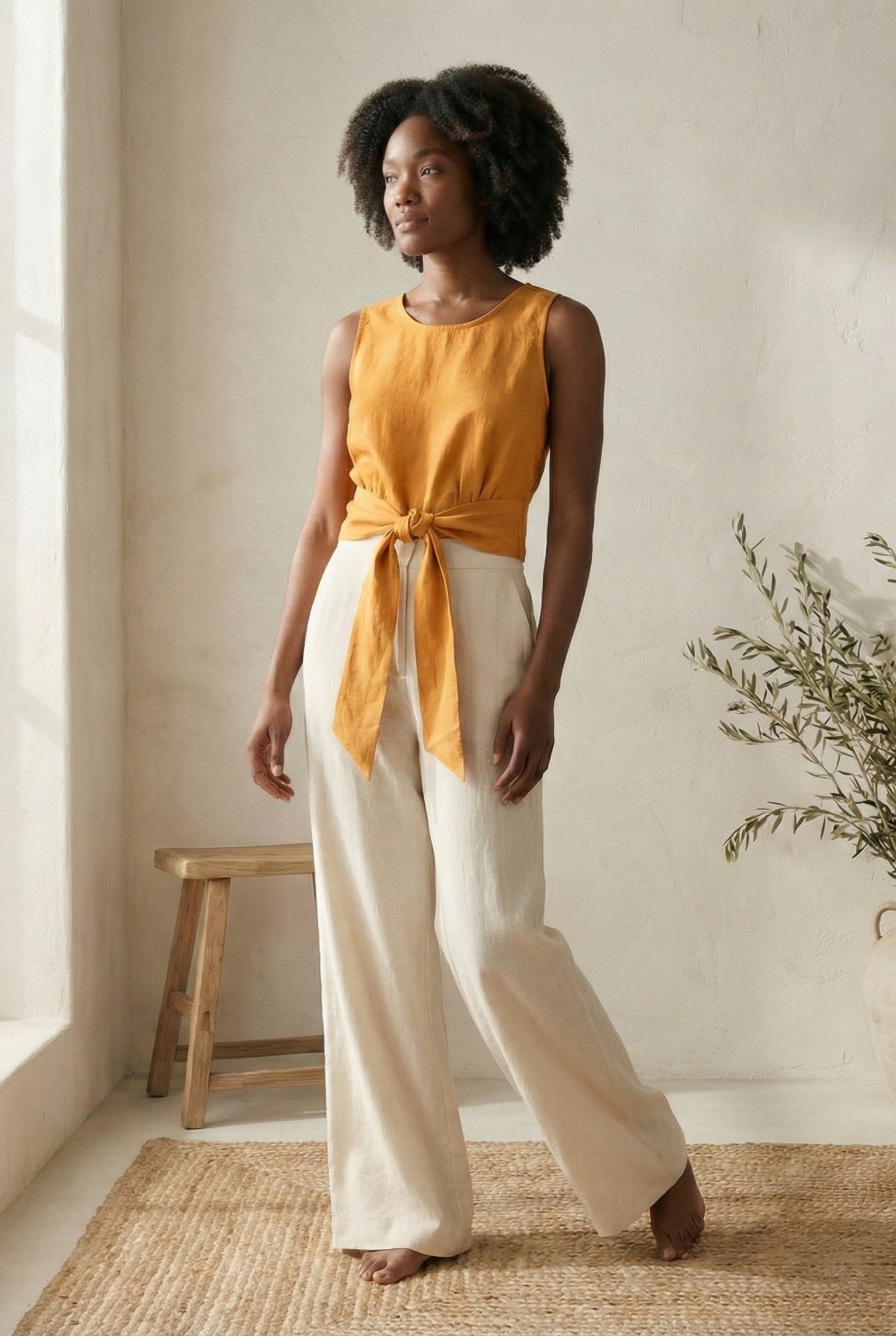 Linen Wrap Blouse with Tie Belt