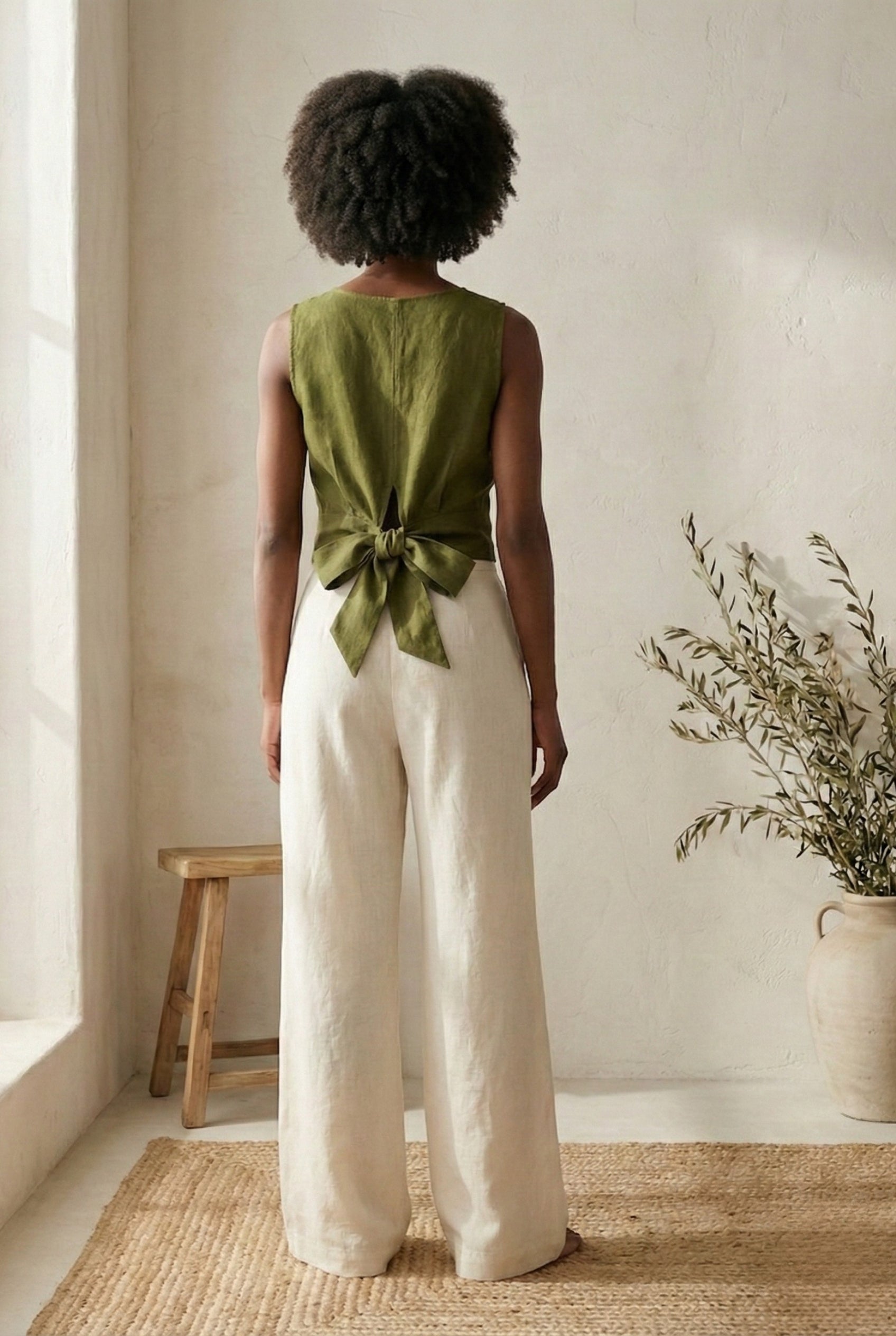 Linen Wrap Blouse with Tie Belt