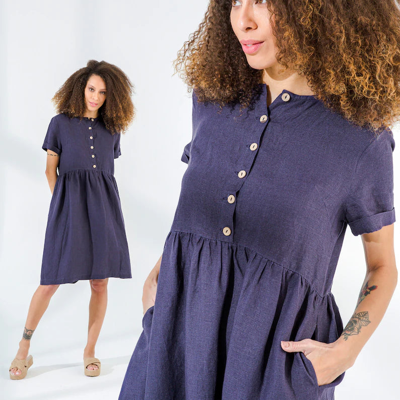 Linen Loose Midi Dress with Short Sleeves