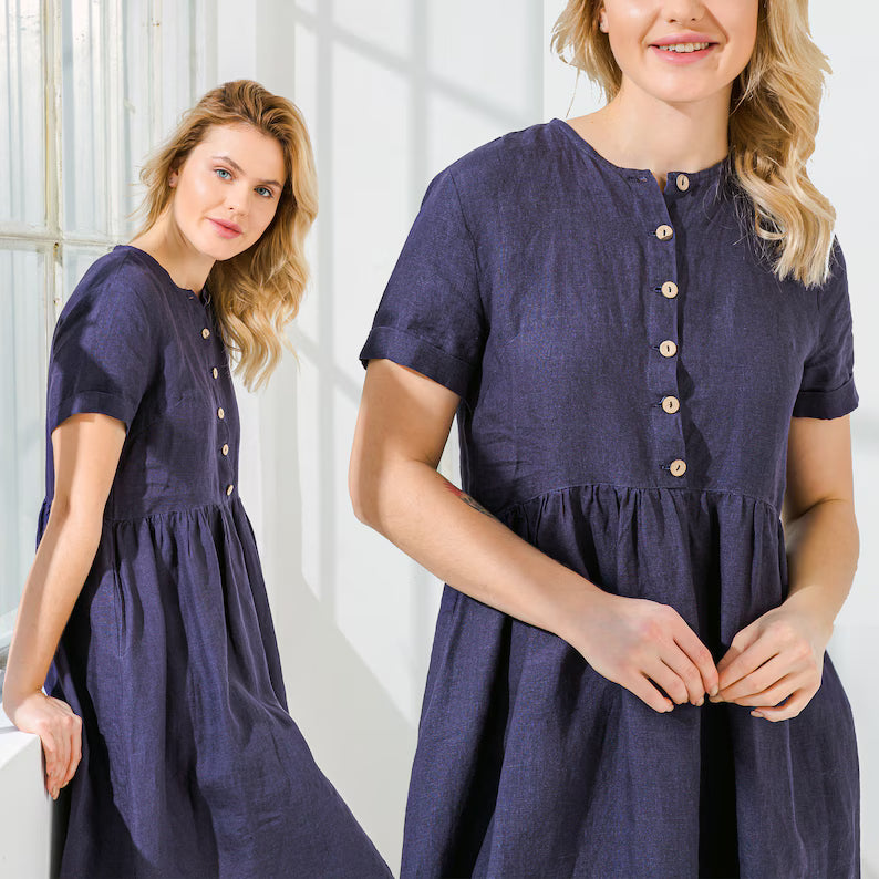 Linen Loose Midi Dress with Short Sleeves