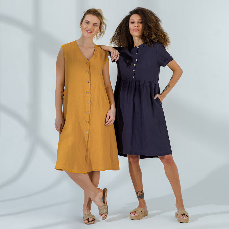 Linen Loose Midi Dress with Short Sleeves