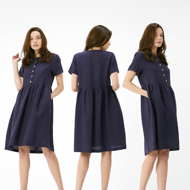 Linen Loose Midi Dress with Short Sleeves