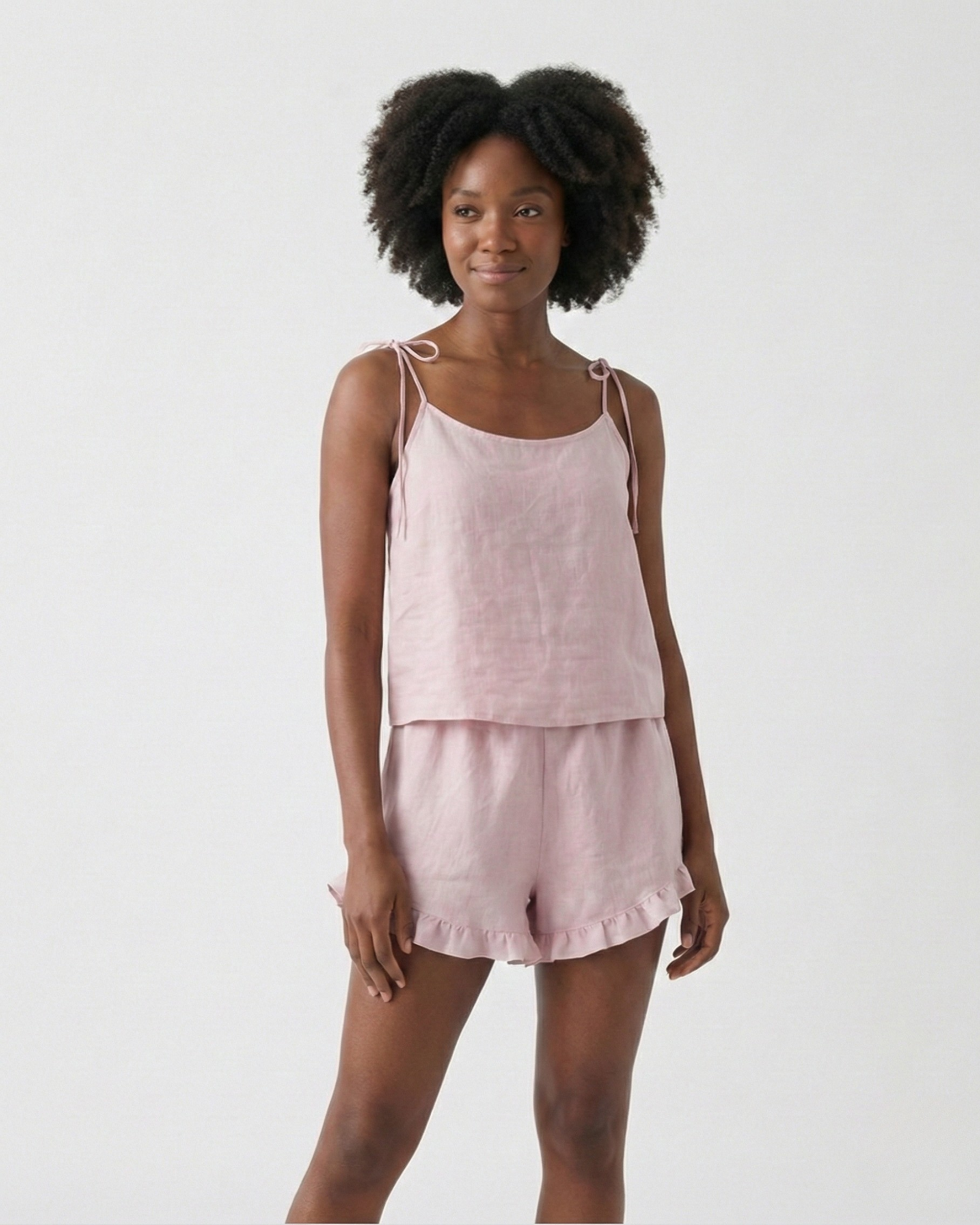 Linen Pajama Set & Ruffle Shorts Sleepwear