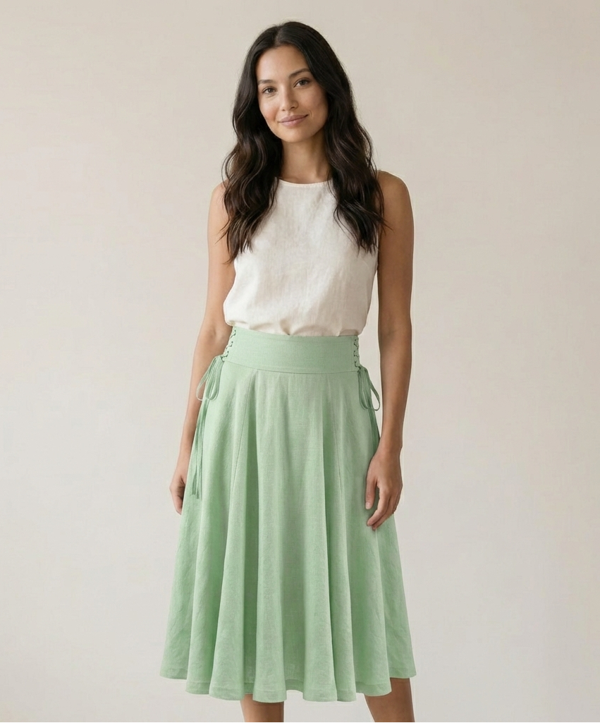 Side Lace-Up Linen Midi Skirt