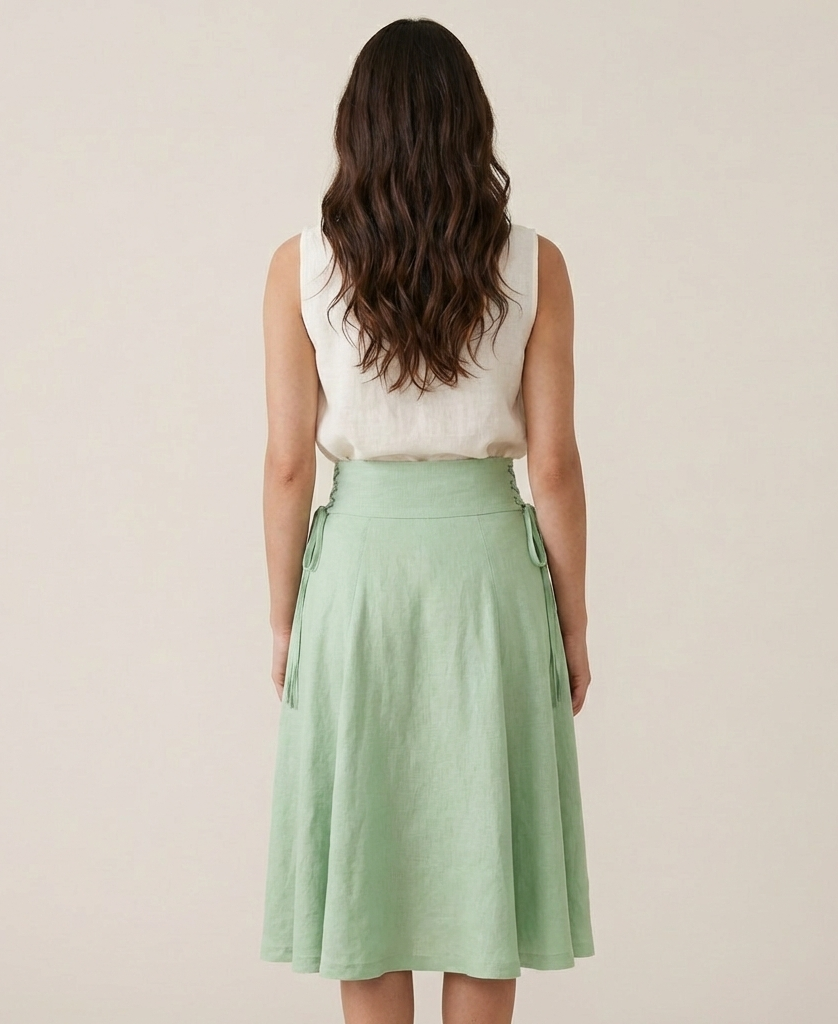 Side Lace-Up Linen Midi Skirt