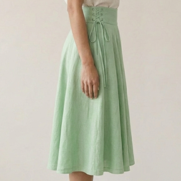 Side Lace-Up Linen Midi Skirt