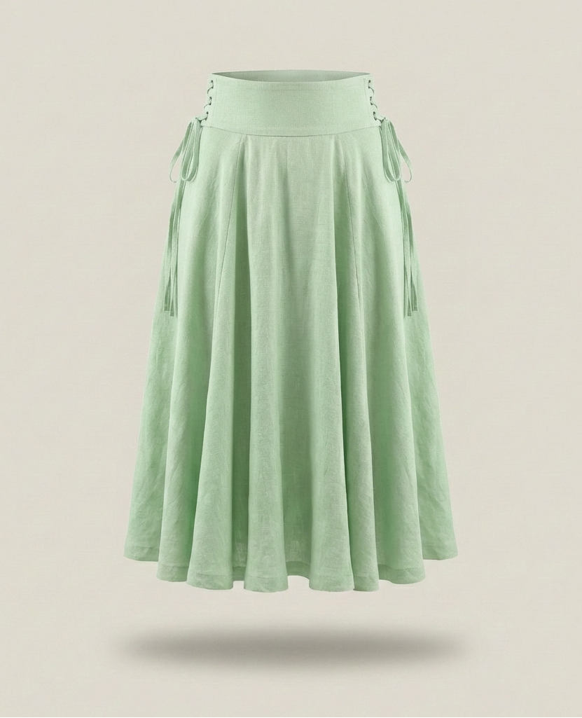 Side Lace-Up Linen Midi Skirt
