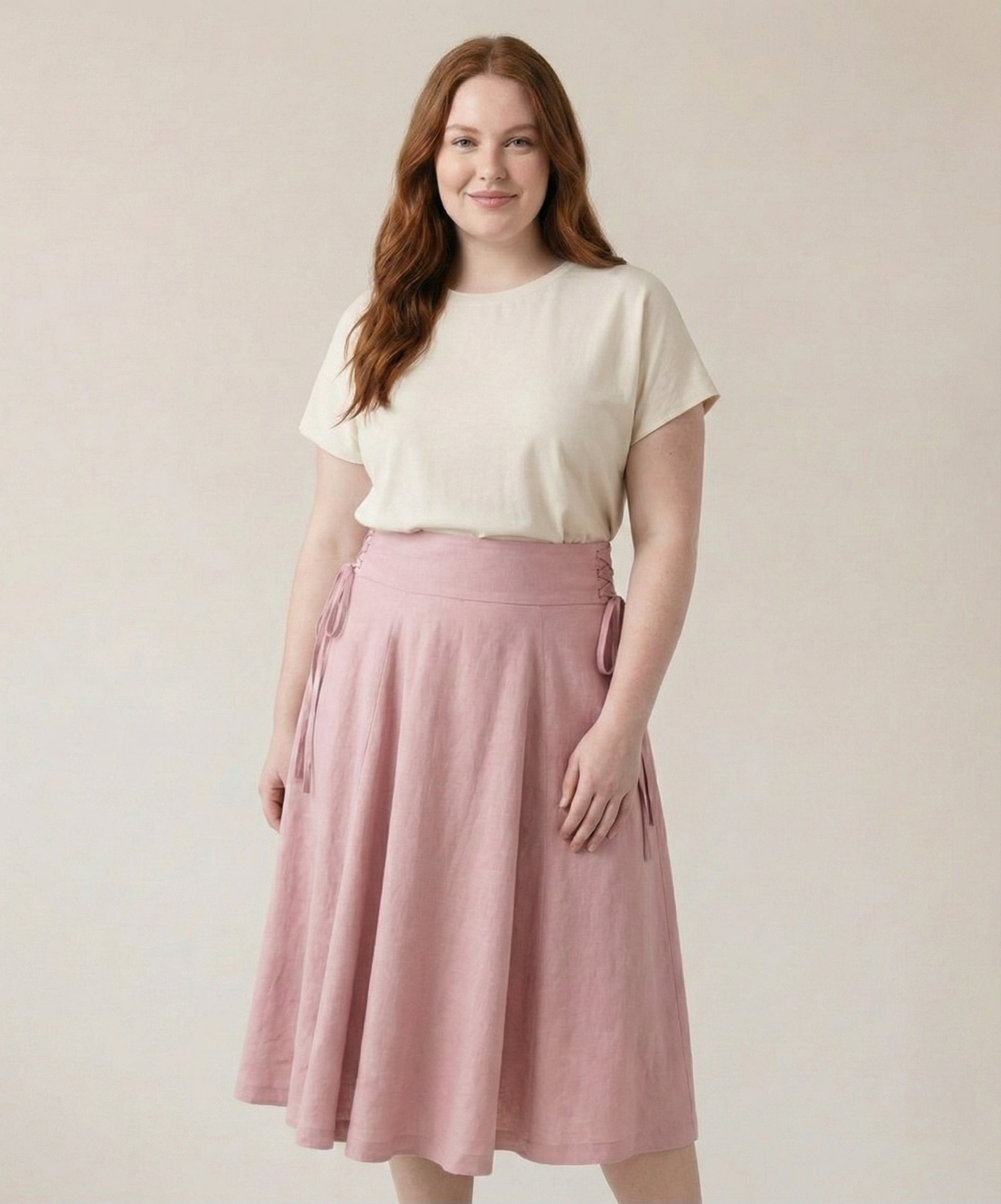 Side Lace-Up Linen Midi Skirt