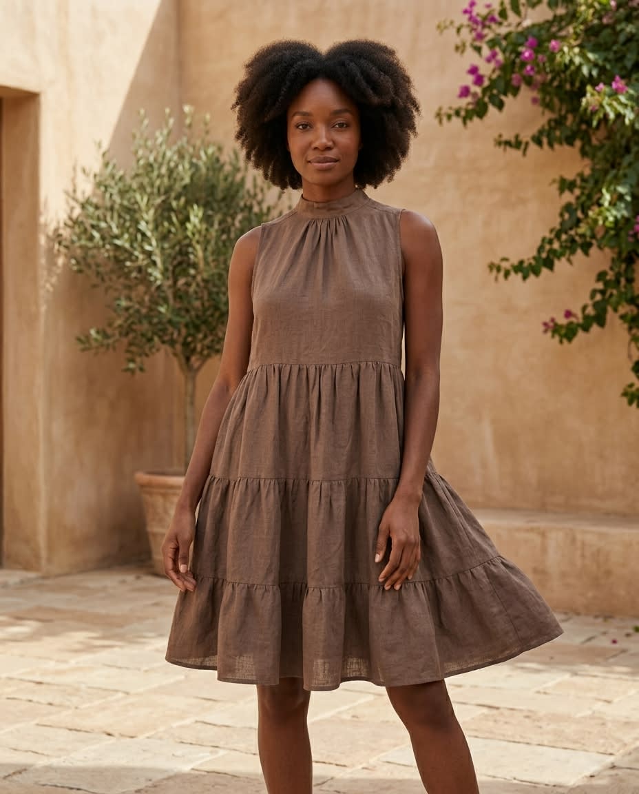 Sleeveless Tiered High-Neck Linen Dress