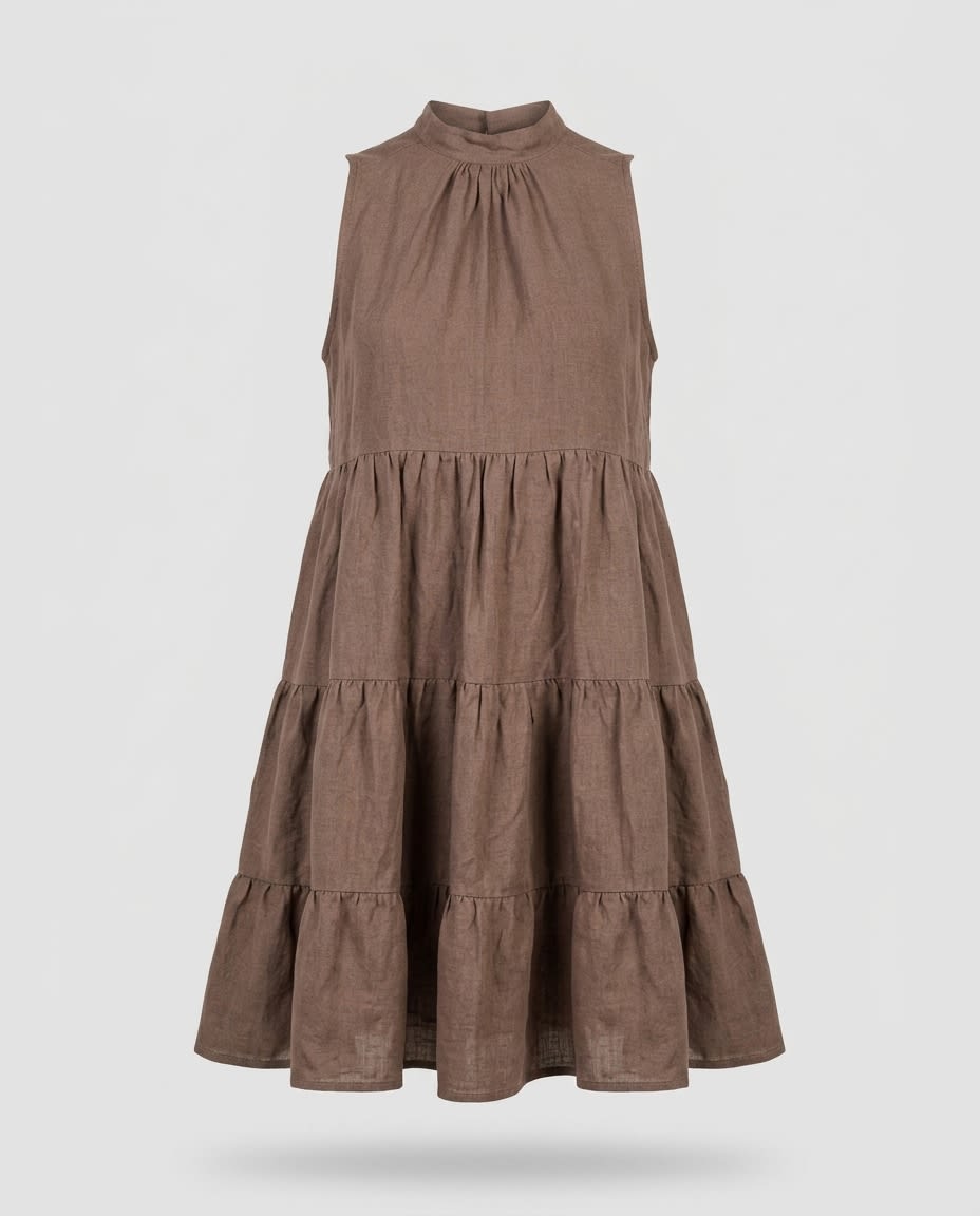 Sleeveless Tiered High-Neck Linen Dress