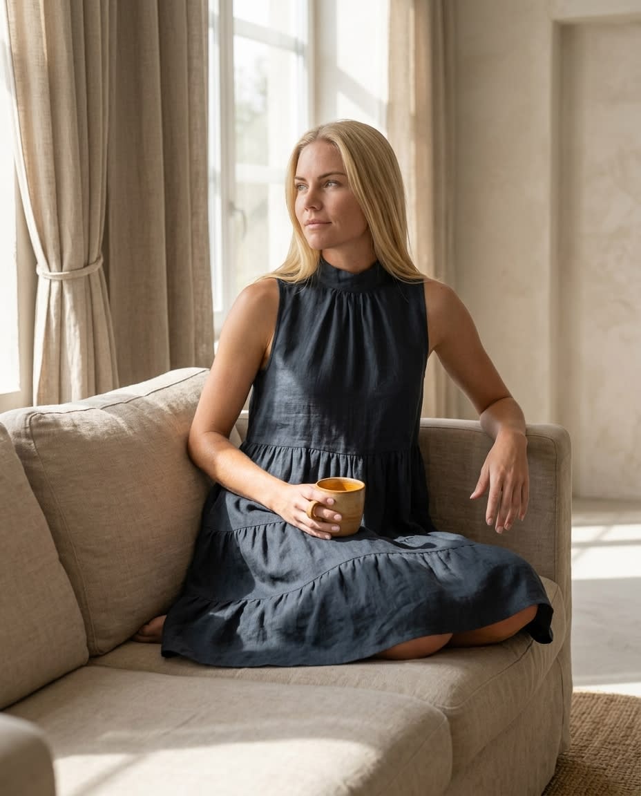 Sleeveless Tiered High-Neck Linen Dress