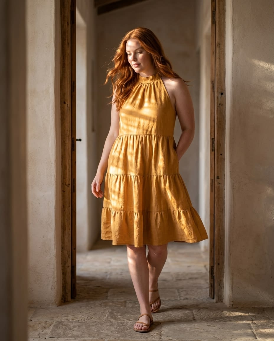 Sleeveless Tiered High-Neck Linen Dress