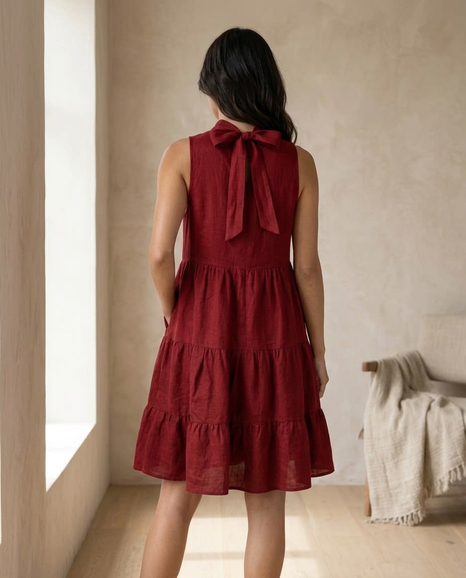 Sleeveless Tiered High-Neck Linen Dress