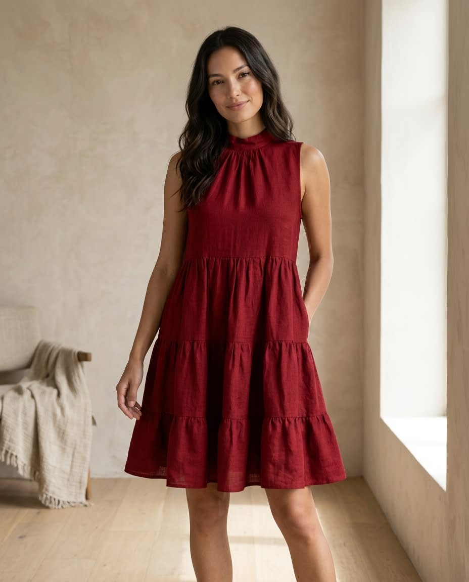 Sleeveless Tiered High-Neck Linen Dress