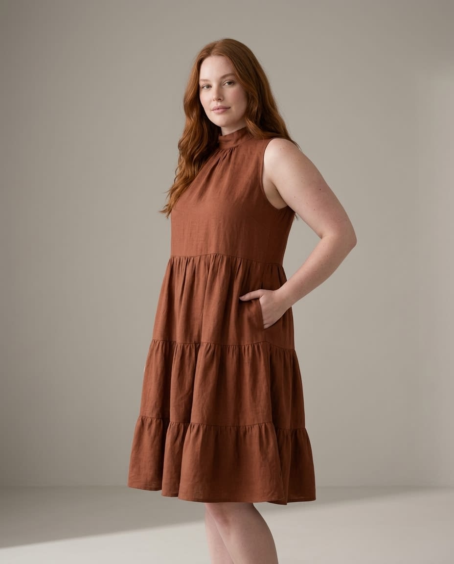Sleeveless Tiered High-Neck Linen Dress