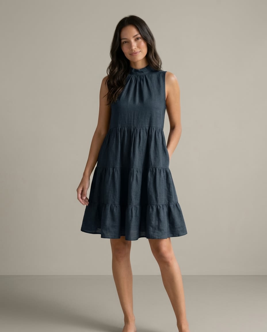 Sleeveless Tiered High-Neck Linen Dress