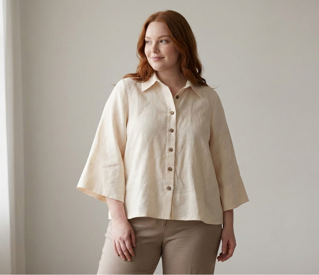 Linen Blouse with Batwing Sleeves