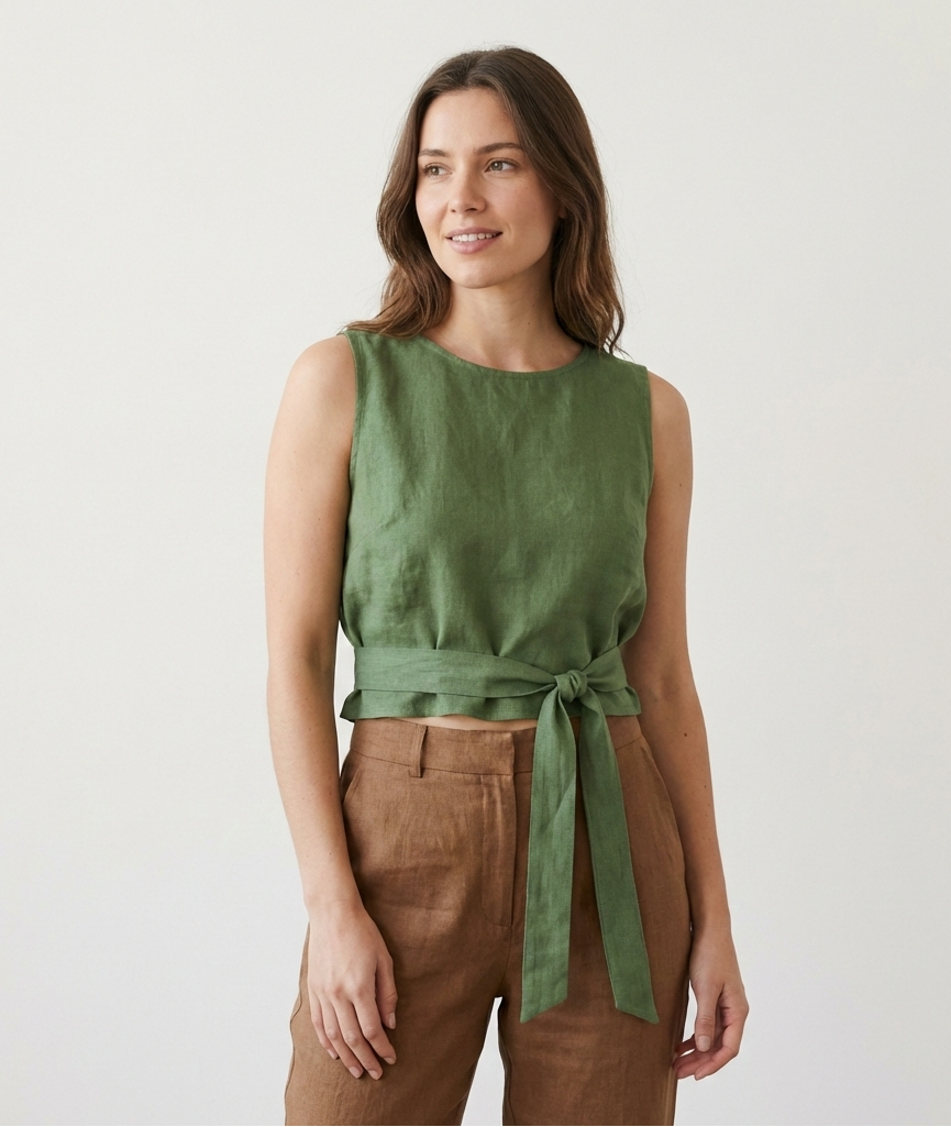 Linen Wrap Blouse with Tie Belt
