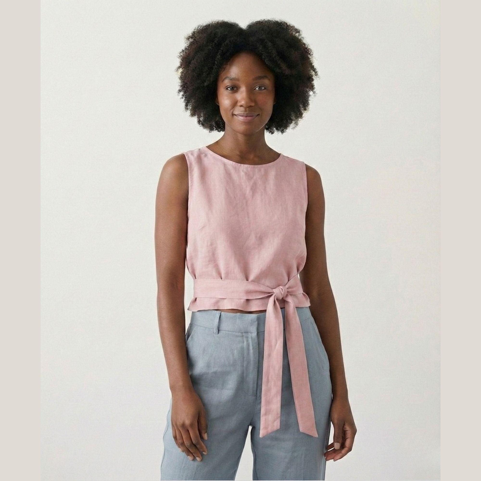 Linen Wrap Blouse with Tie Belt
