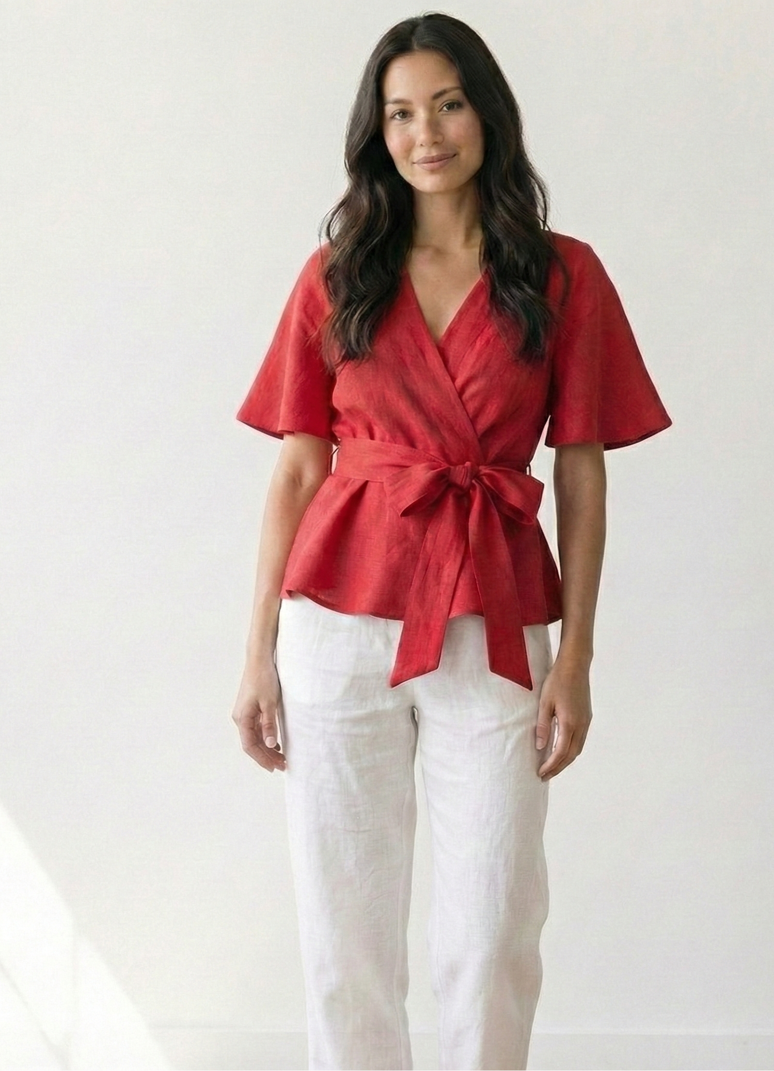 Linen Wrap Blouse with Tie Belt