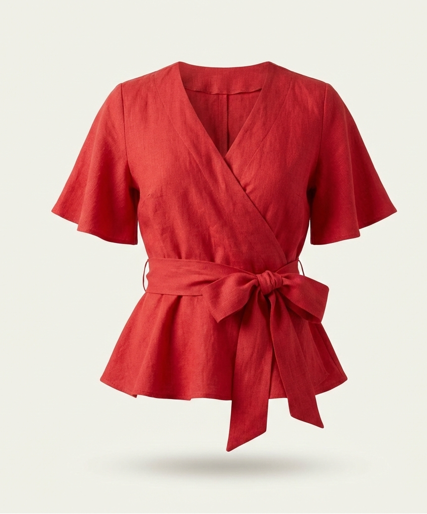 Linen Wrap Blouse with Tie Belt