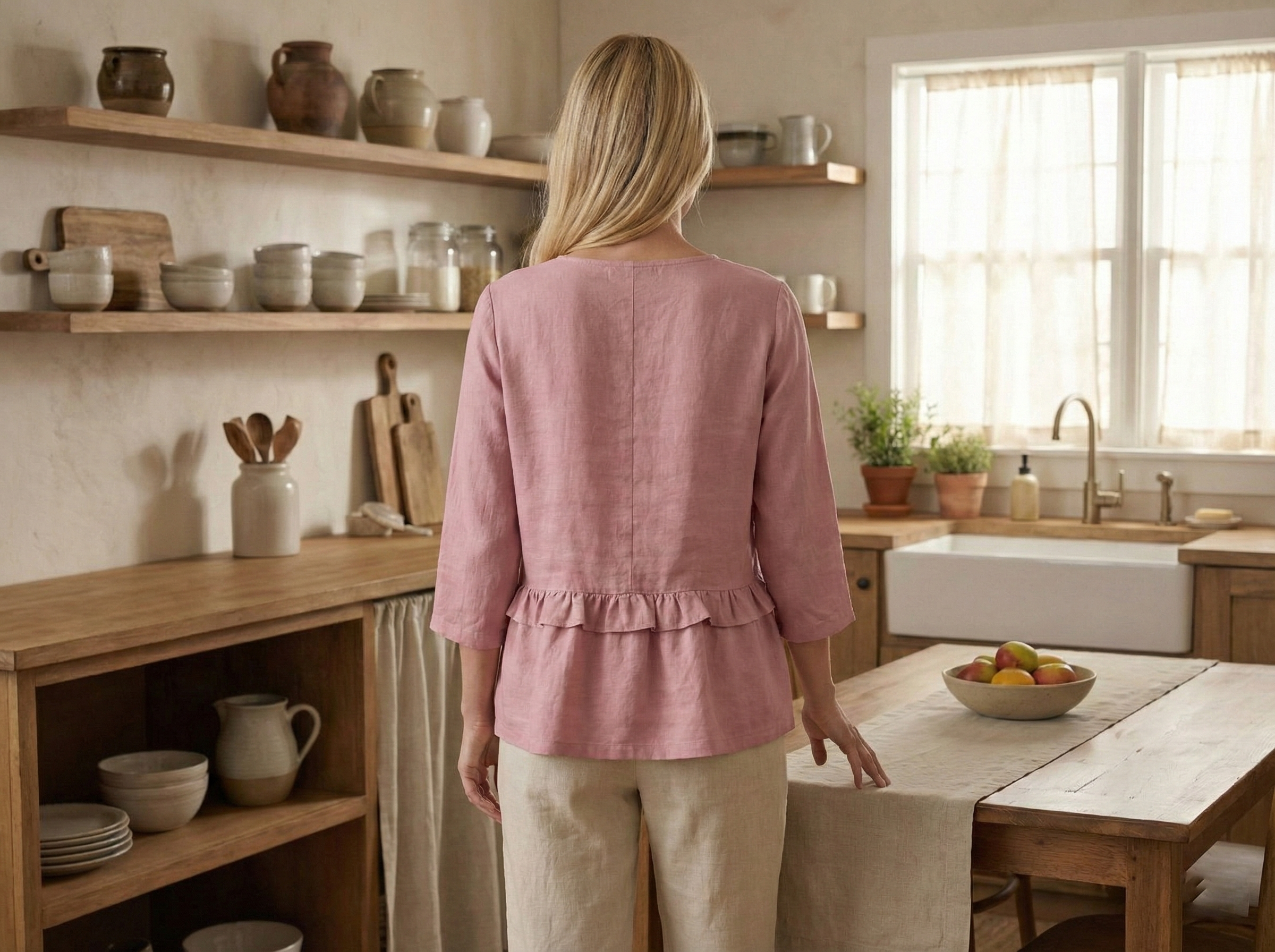 Ruffled Linen Blouse with V-Neck