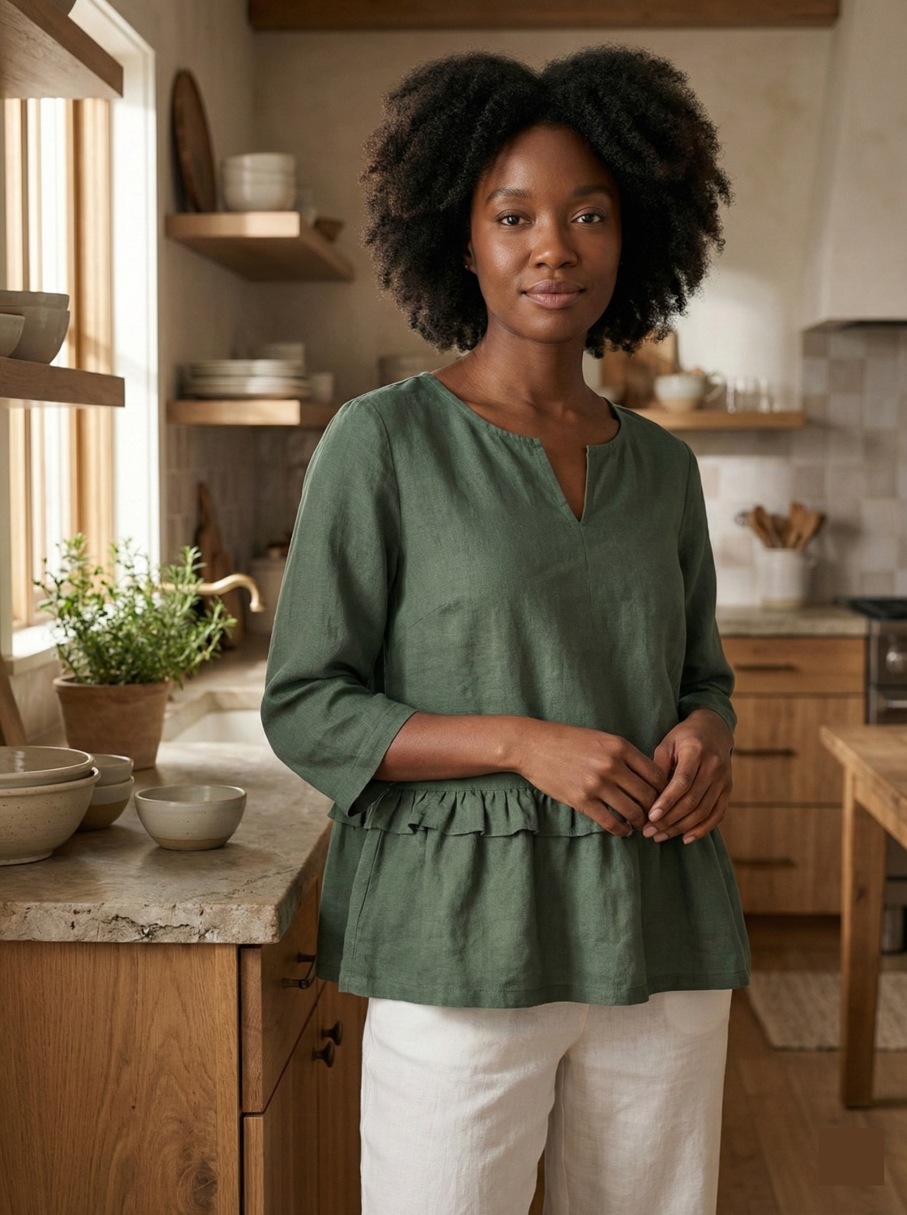 Ruffled Linen Blouse with V-Neck
