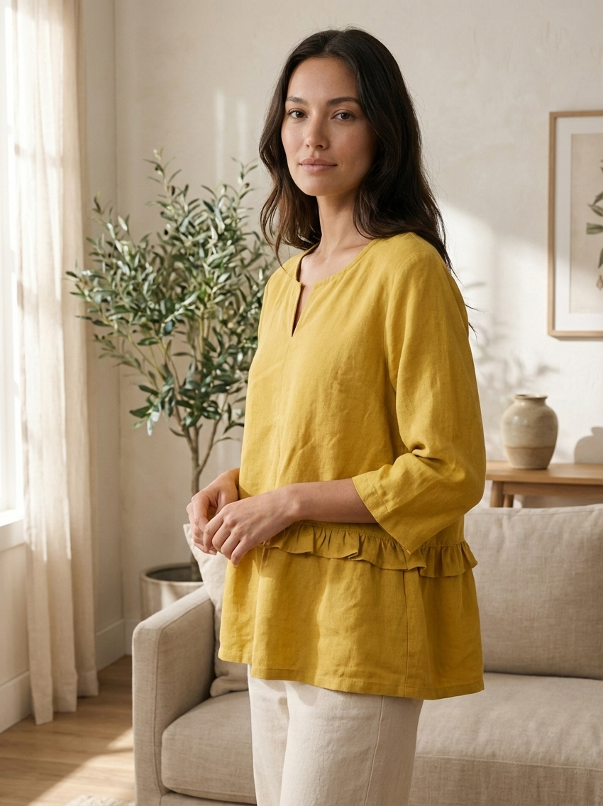 Ruffled Linen Blouse with V-Neck | Optional Birthday Flower Embroidery
