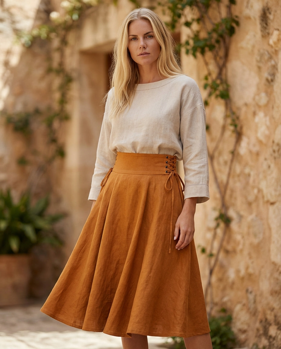 Side Lace-Up Linen Midi Skirt