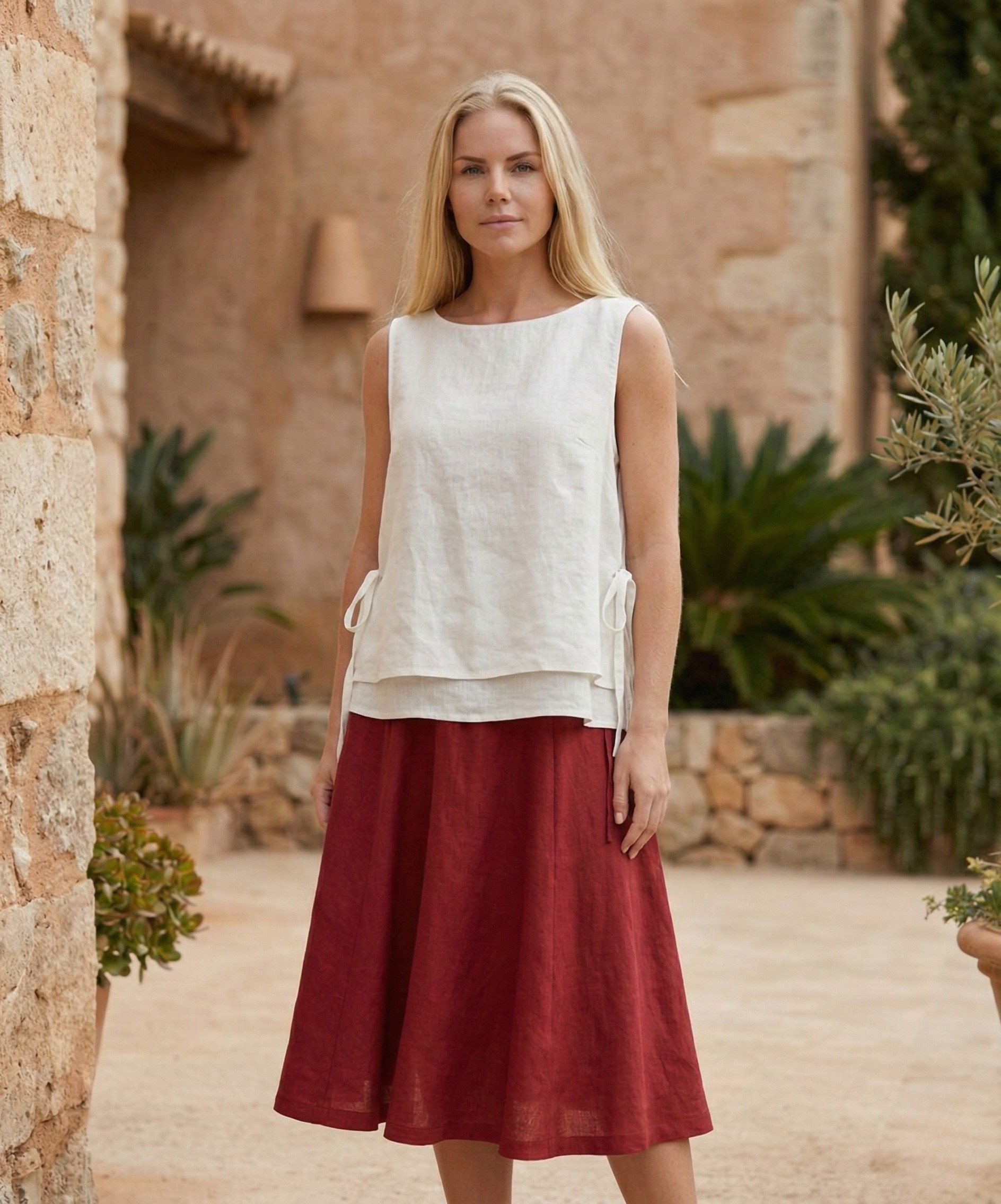 Side Lace-Up Linen Midi Skirt