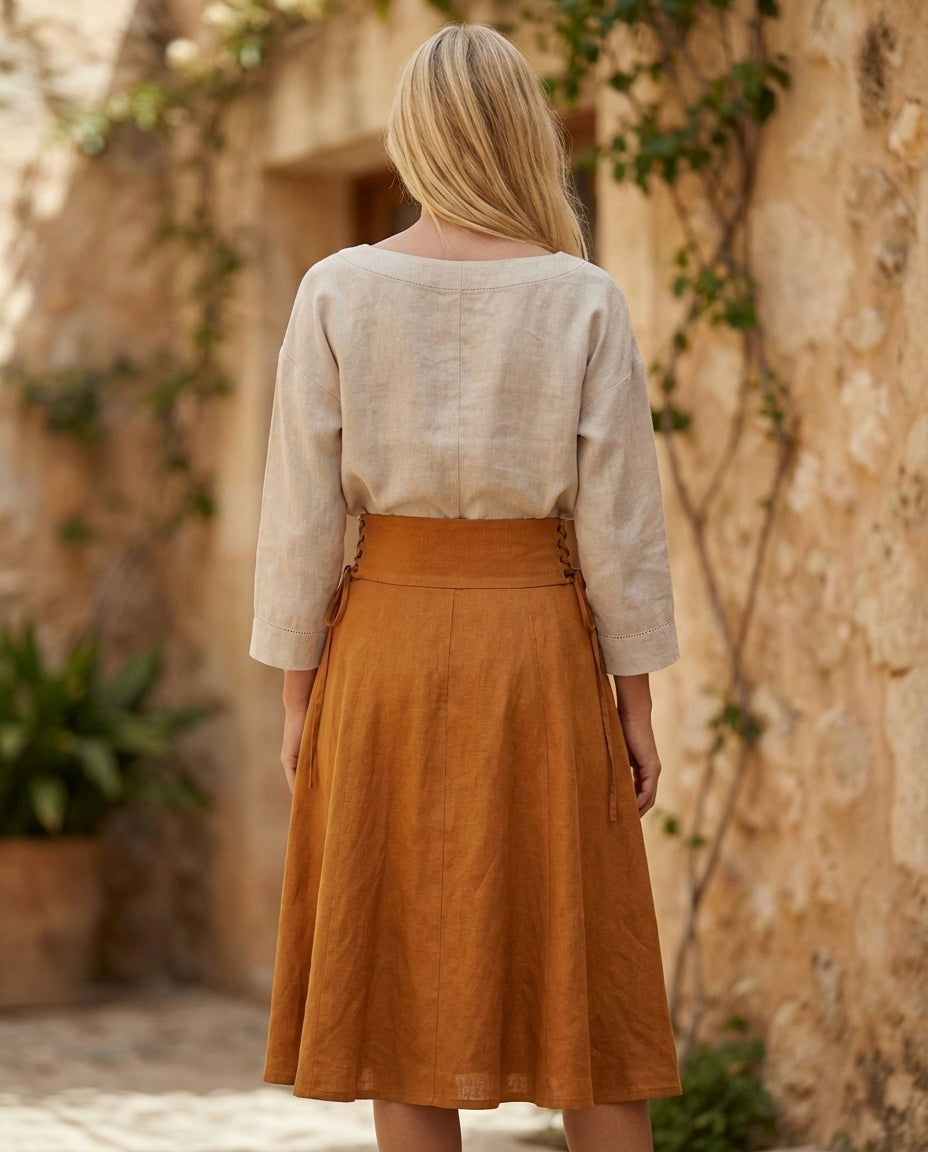 Side Lace-Up Linen Midi Skirt