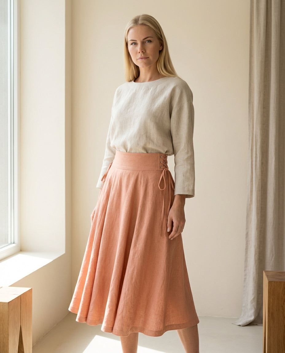 Side Lace-Up Linen Midi Skirt