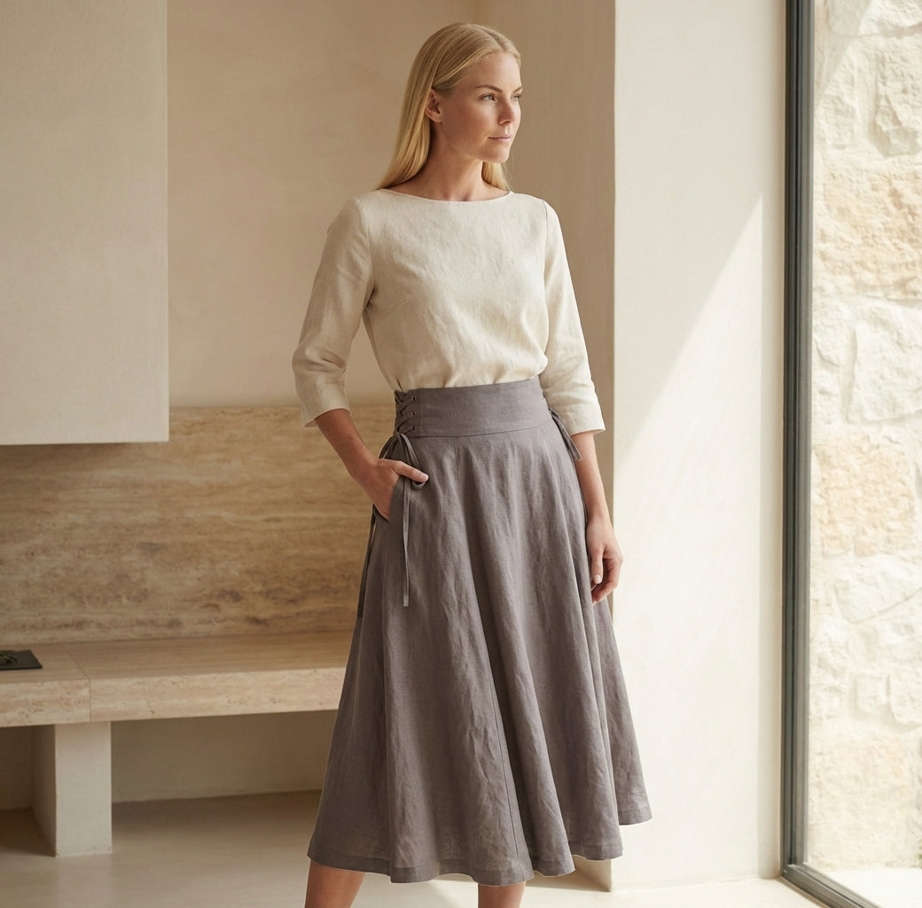 Side Lace-Up Linen Midi Skirt