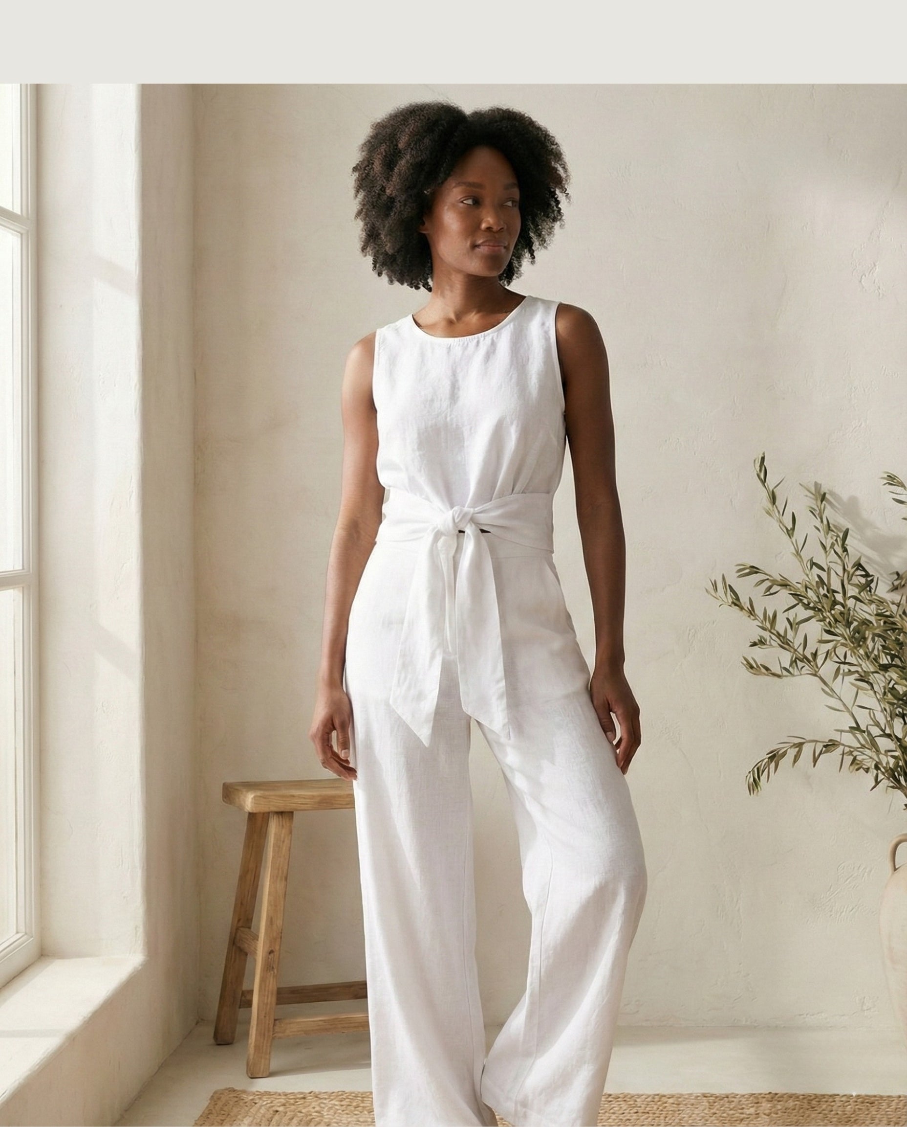 Linen Wrap Blouse with Tie Belt