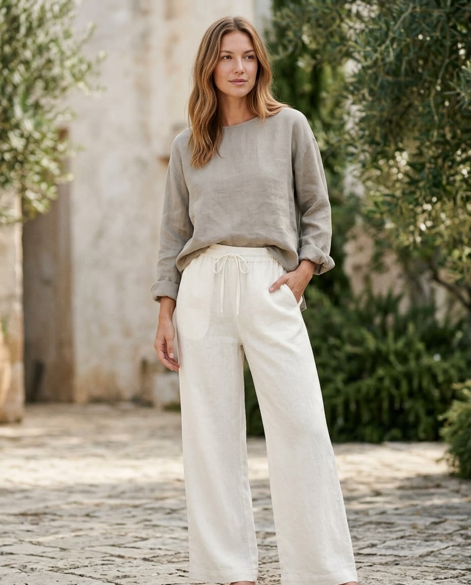 Wide-Leg Drawstring Linen Trousers