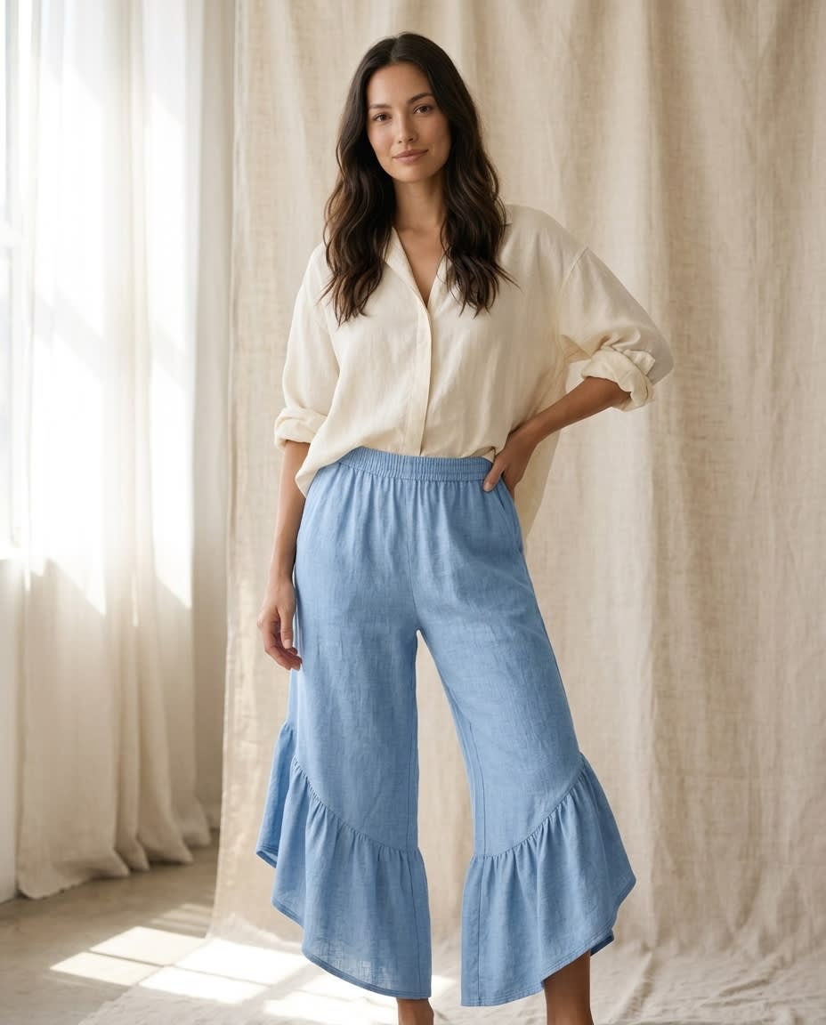 Ruffled Wide-Leg Linen Culottes