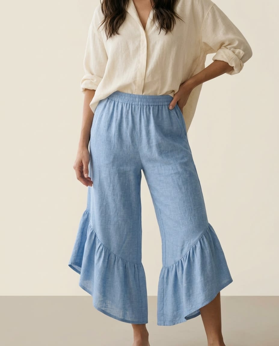Ruffled Wide-Leg Linen Culottes
