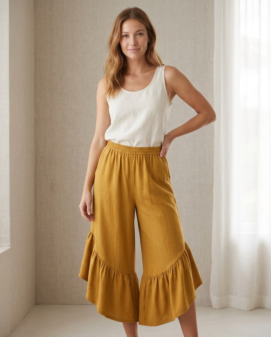 Ruffled Wide-Leg Linen Culottes