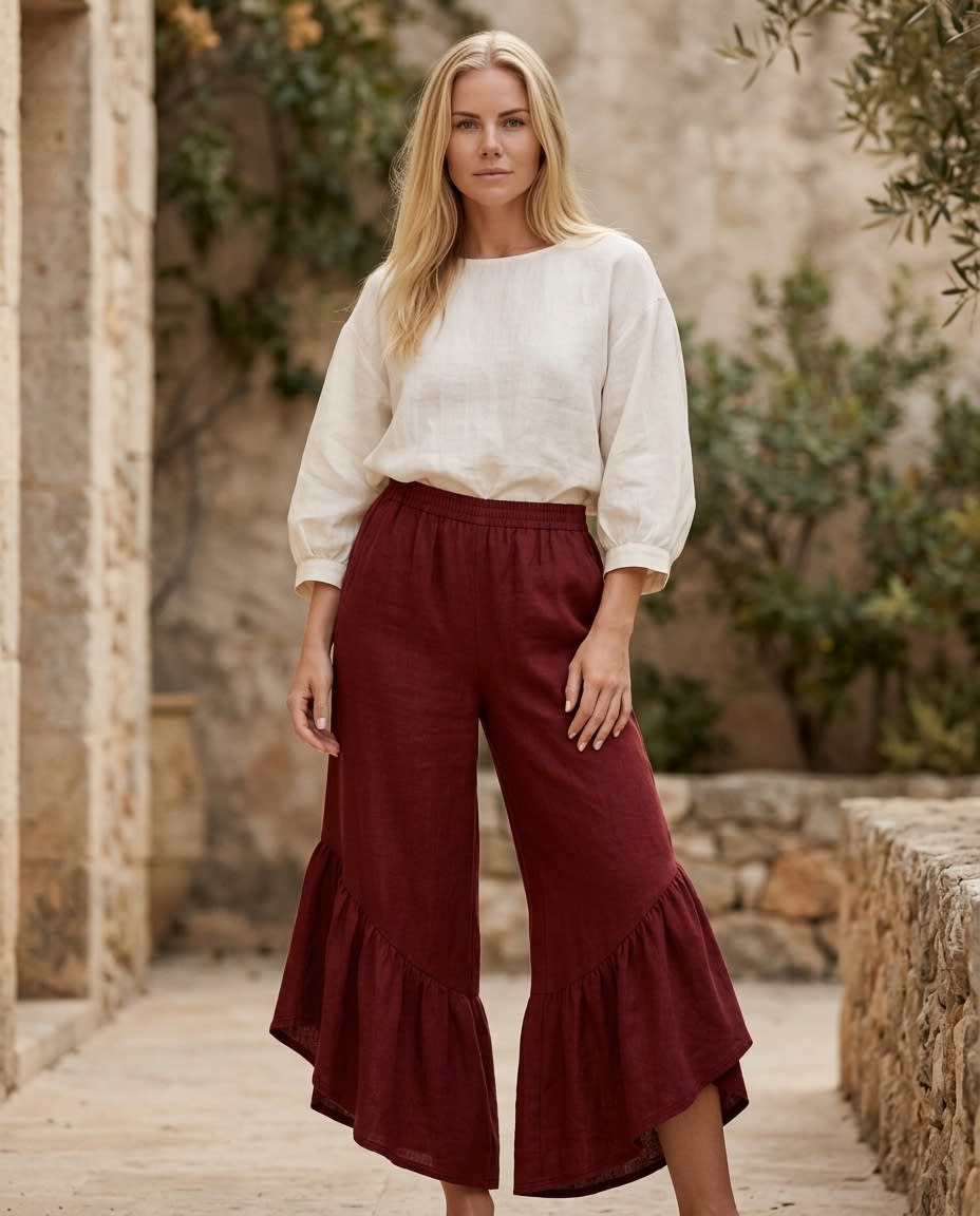 Ruffled Wide-Leg Linen Culottes