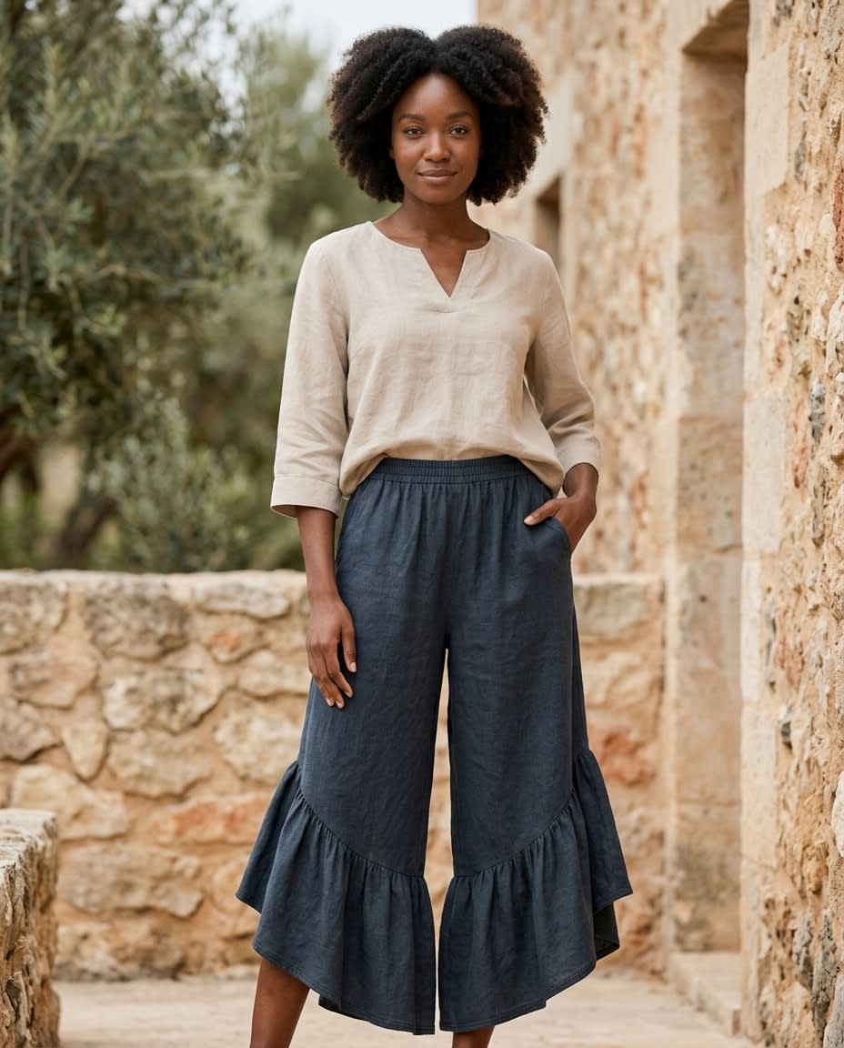 Ruffled Wide-Leg Linen Culottes