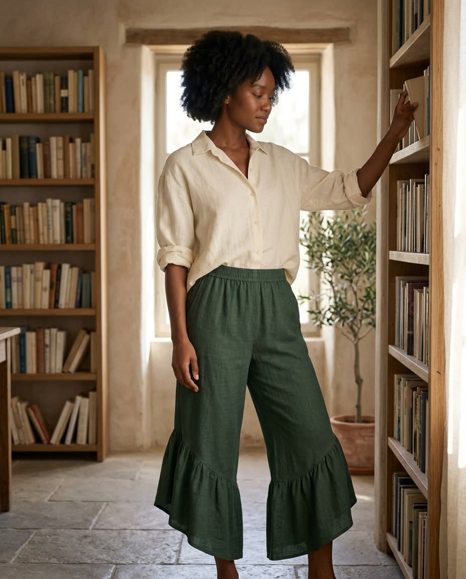 Ruffled Wide-Leg Linen Culottes