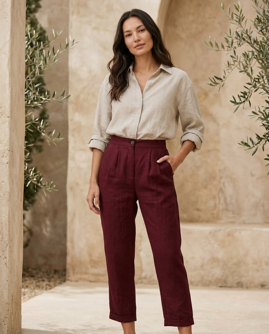 Pleated High-Waist Linen Trousers