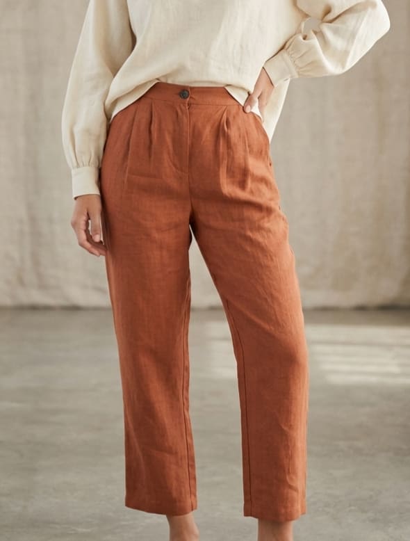 Pleated High-Waist Linen Trousers