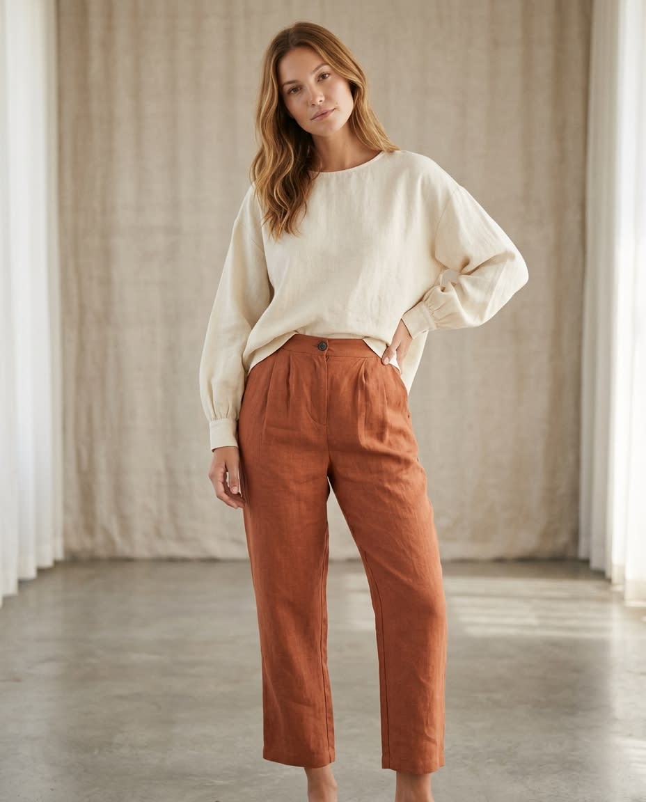 Pleated High-Waist Linen Trousers