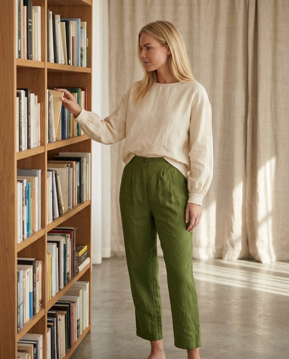 Pleated High-Waist Linen Trousers