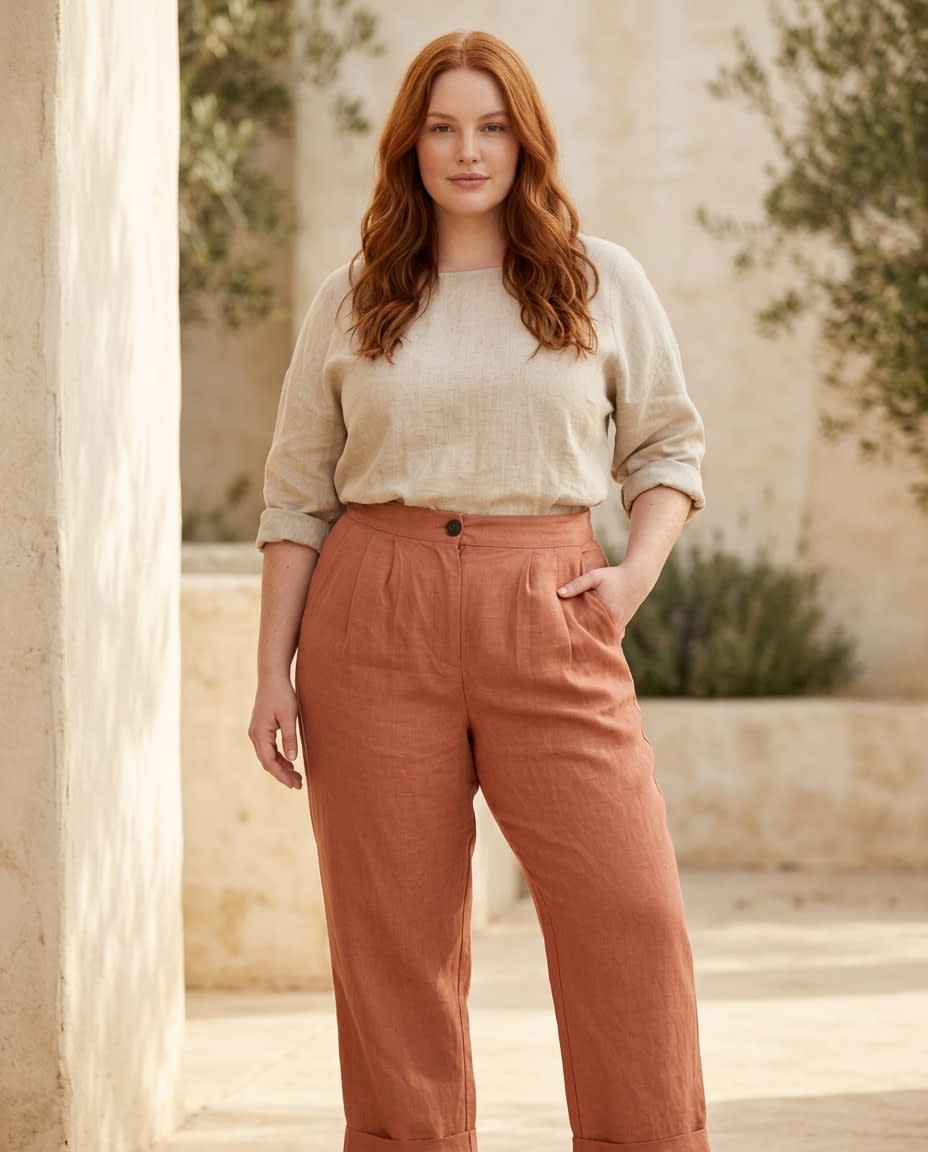 Pleated High-Waist Linen Trousers