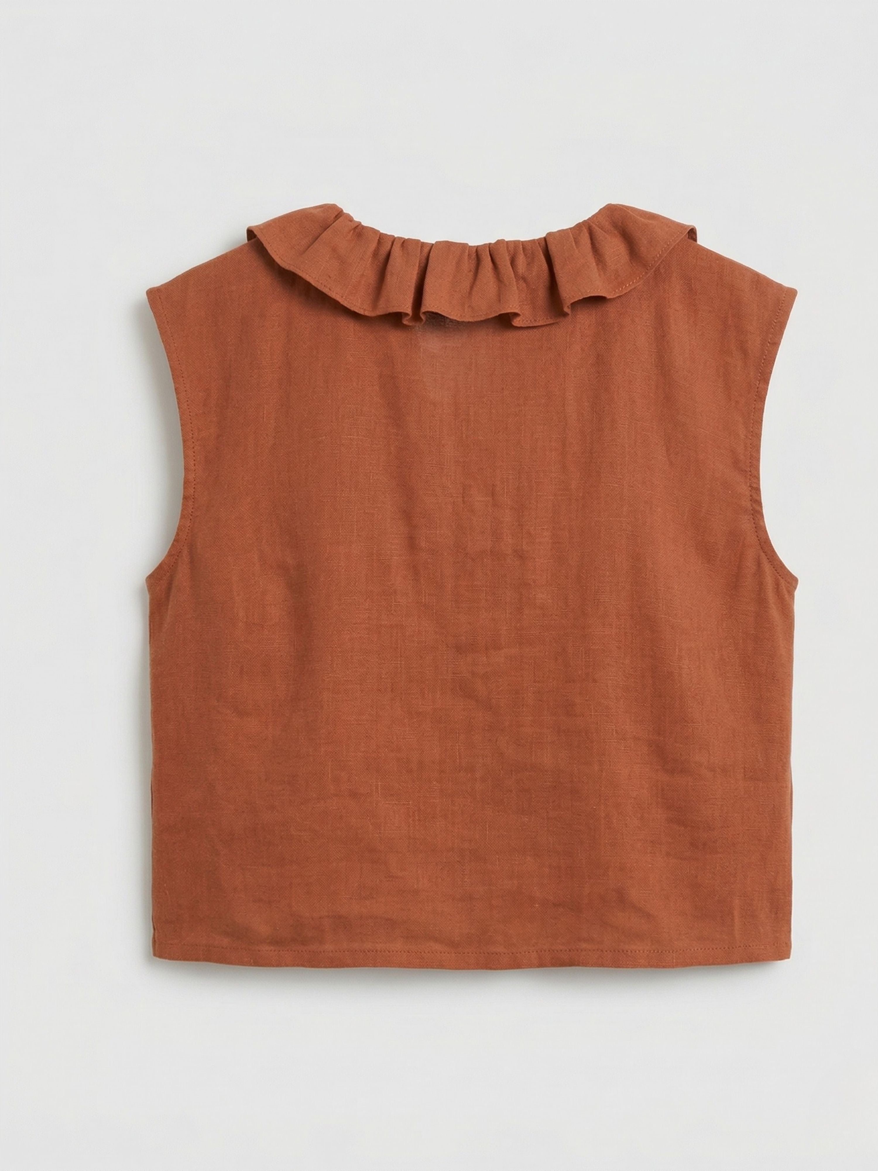 Frill Neck Sleeveless Linen Blouse