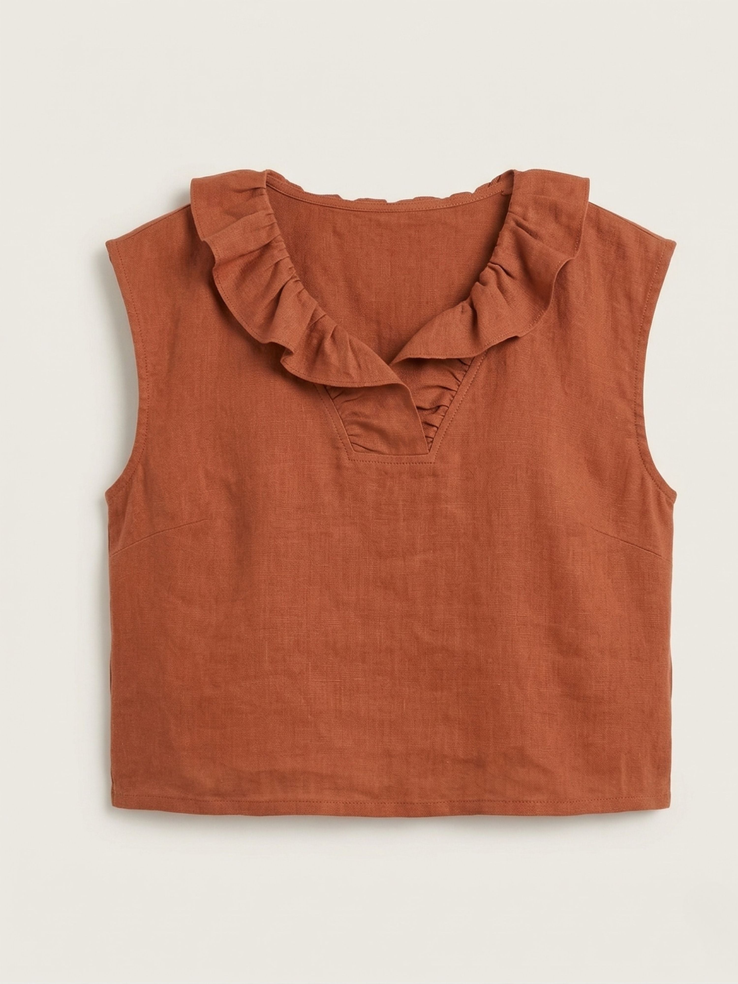 Frill Neck Sleeveless Linen Blouse
