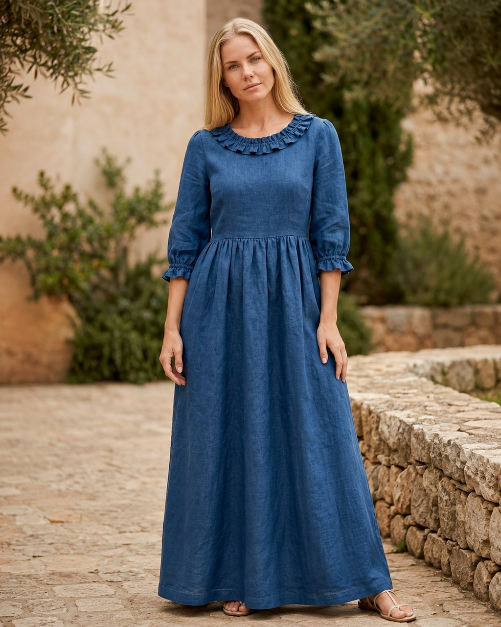 Empire Waist Linen Dress with Ruffle Collar