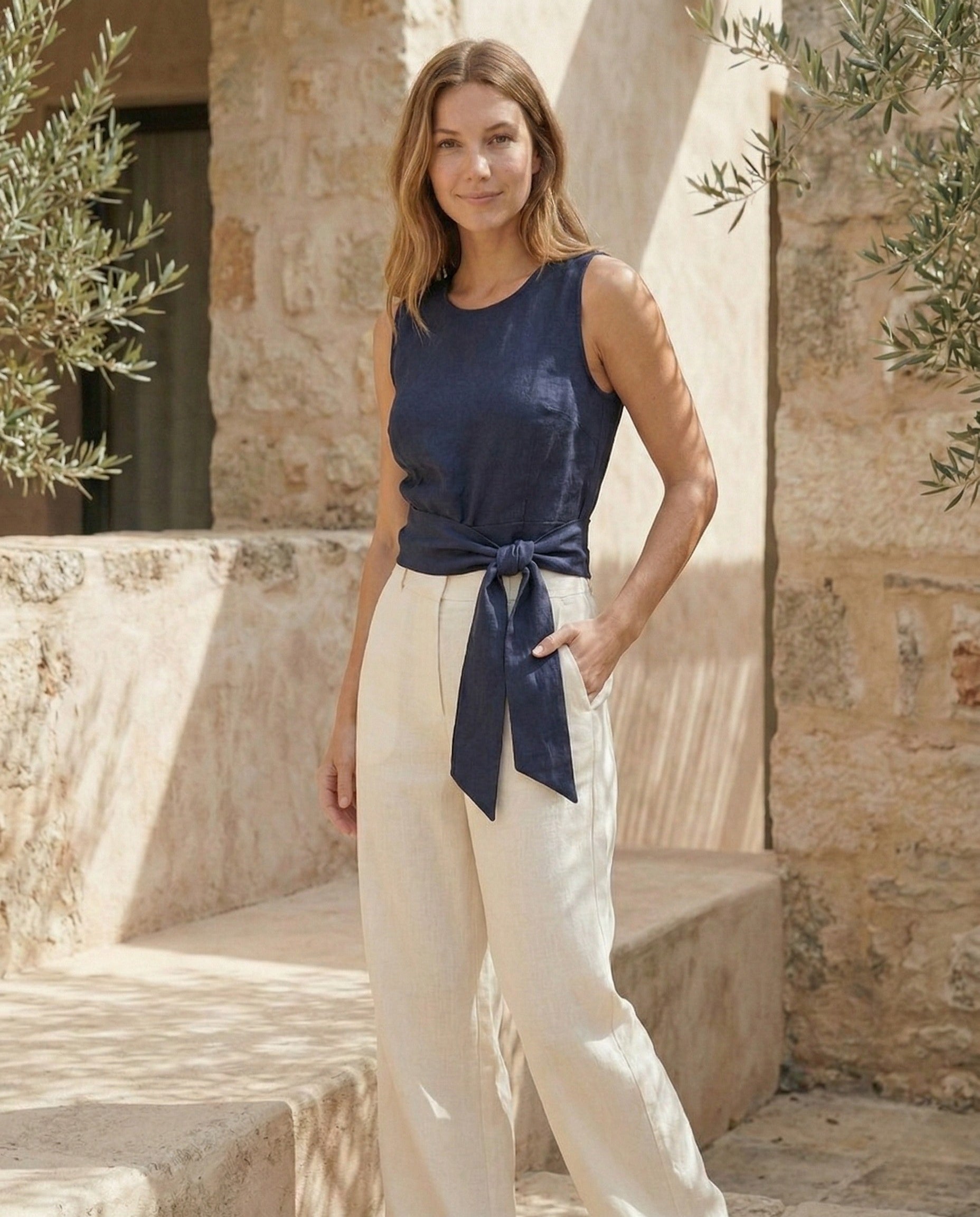 Linen Wrap Blouse with Tie Belt